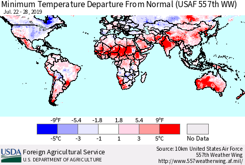 World Mean Minimum Temperature Departure from Normal (USAF 557th WW) Thematic Map For 7/22/2019 - 7/28/2019