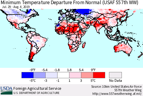 World Mean Minimum Temperature Departure from Normal (USAF 557th WW) Thematic Map For 7/29/2019 - 8/4/2019