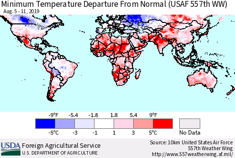 World Mean Minimum Temperature Departure from Normal (USAF 557th WW) Thematic Map For 8/5/2019 - 8/11/2019