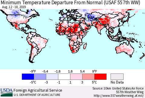 World Mean Minimum Temperature Departure from Normal (USAF 557th WW) Thematic Map For 8/12/2019 - 8/18/2019