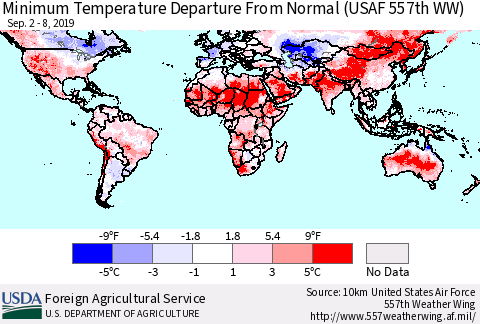 World Mean Minimum Temperature Departure from Normal (USAF 557th WW) Thematic Map For 9/2/2019 - 9/8/2019