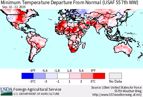 World Mean Minimum Temperature Departure from Normal (USAF 557th WW) Thematic Map For 9/16/2019 - 9/22/2019