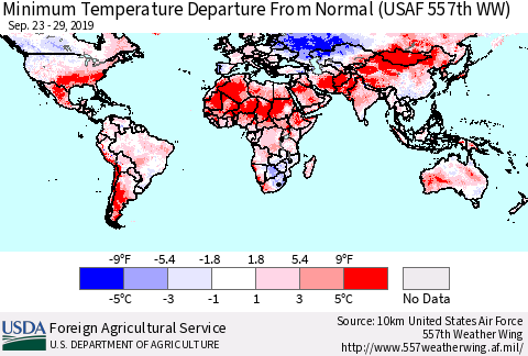World Mean Minimum Temperature Departure from Normal (USAF 557th WW) Thematic Map For 9/23/2019 - 9/29/2019