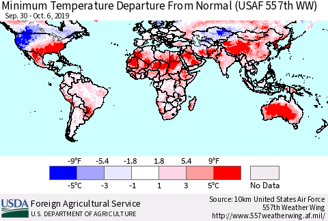 World Mean Minimum Temperature Departure from Normal (USAF 557th WW) Thematic Map For 9/30/2019 - 10/6/2019