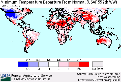 World Mean Minimum Temperature Departure from Normal (USAF 557th WW) Thematic Map For 10/7/2019 - 10/13/2019