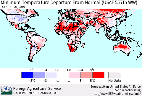 World Mean Minimum Temperature Departure from Normal (USAF 557th WW) Thematic Map For 10/14/2019 - 10/20/2019