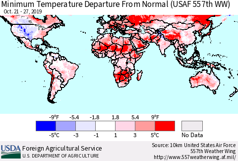 World Mean Minimum Temperature Departure from Normal (USAF 557th WW) Thematic Map For 10/21/2019 - 10/27/2019