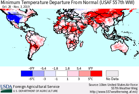 World Mean Minimum Temperature Departure from Normal (USAF 557th WW) Thematic Map For 10/28/2019 - 11/3/2019