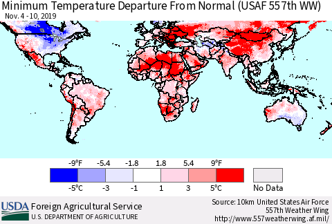 World Mean Minimum Temperature Departure from Normal (USAF 557th WW) Thematic Map For 11/4/2019 - 11/10/2019