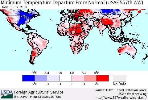 World Mean Minimum Temperature Departure from Normal (USAF 557th WW) Thematic Map For 11/11/2019 - 11/17/2019