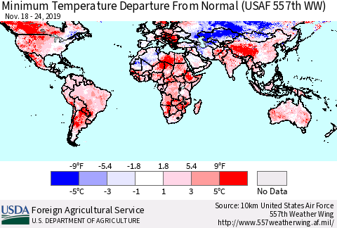 World Mean Minimum Temperature Departure from Normal (USAF 557th WW) Thematic Map For 11/18/2019 - 11/24/2019