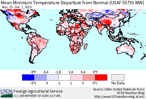 World Mean Minimum Temperature Departure from Normal (USAF 557th WW) Thematic Map For 11/25/2019 - 12/1/2019