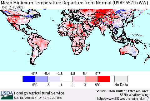 World Mean Minimum Temperature Departure from Normal (USAF 557th WW) Thematic Map For 12/2/2019 - 12/8/2019