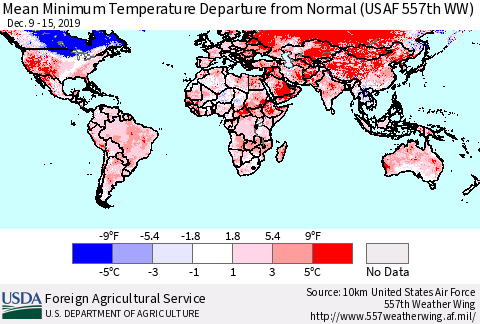 World Mean Minimum Temperature Departure from Normal (USAF 557th WW) Thematic Map For 12/9/2019 - 12/15/2019