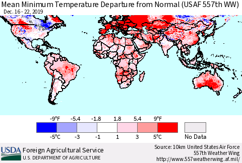 World Mean Minimum Temperature Departure from Normal (USAF 557th WW) Thematic Map For 12/16/2019 - 12/22/2019