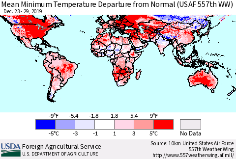 World Mean Minimum Temperature Departure from Normal (USAF 557th WW) Thematic Map For 12/23/2019 - 12/29/2019