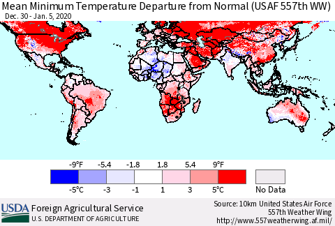 World Mean Minimum Temperature Departure from Normal (USAF 557th WW) Thematic Map For 12/30/2019 - 1/5/2020