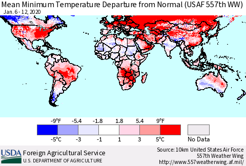 World Mean Minimum Temperature Departure from Normal (USAF 557th WW) Thematic Map For 1/6/2020 - 1/12/2020