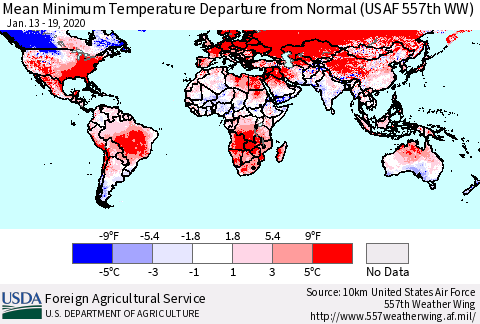 World Mean Minimum Temperature Departure from Normal (USAF 557th WW) Thematic Map For 1/13/2020 - 1/19/2020