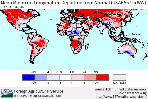 World Mean Minimum Temperature Departure from Normal (USAF 557th WW) Thematic Map For 1/20/2020 - 1/26/2020