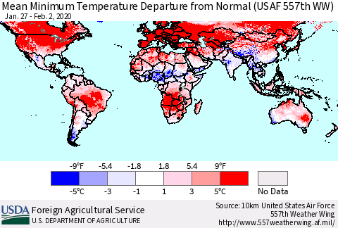 World Mean Minimum Temperature Departure from Normal (USAF 557th WW) Thematic Map For 1/27/2020 - 2/2/2020