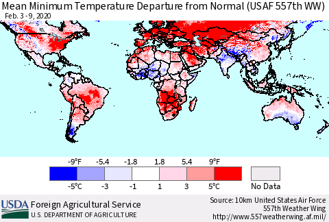 World Mean Minimum Temperature Departure from Normal (USAF 557th WW) Thematic Map For 2/3/2020 - 2/9/2020