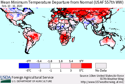 World Mean Minimum Temperature Departure from Normal (USAF 557th WW) Thematic Map For 2/10/2020 - 2/16/2020