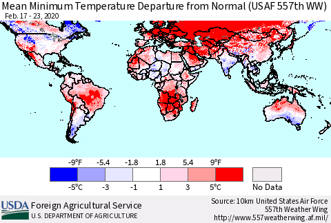 World Mean Minimum Temperature Departure from Normal (USAF 557th WW) Thematic Map For 2/17/2020 - 2/23/2020