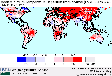 World Mean Minimum Temperature Departure from Normal (USAF 557th WW) Thematic Map For 2/24/2020 - 3/1/2020