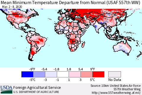 World Mean Minimum Temperature Departure from Normal (USAF 557th WW) Thematic Map For 3/2/2020 - 3/8/2020