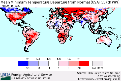 World Mean Minimum Temperature Departure from Normal (USAF 557th WW) Thematic Map For 3/9/2020 - 3/15/2020