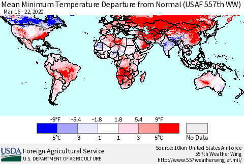 World Mean Minimum Temperature Departure from Normal (USAF 557th WW) Thematic Map For 3/16/2020 - 3/22/2020