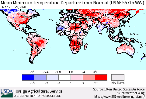 World Mean Minimum Temperature Departure from Normal (USAF 557th WW) Thematic Map For 3/23/2020 - 3/29/2020