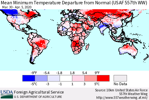 World Mean Minimum Temperature Departure from Normal (USAF 557th WW) Thematic Map For 3/30/2020 - 4/5/2020