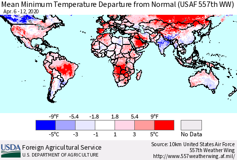 World Mean Minimum Temperature Departure from Normal (USAF 557th WW) Thematic Map For 4/6/2020 - 4/12/2020