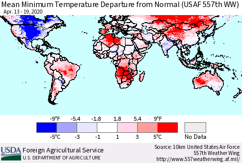 World Mean Minimum Temperature Departure from Normal (USAF 557th WW) Thematic Map For 4/13/2020 - 4/19/2020