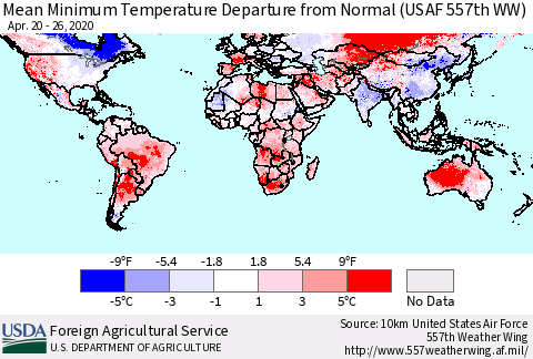 World Mean Minimum Temperature Departure from Normal (USAF 557th WW) Thematic Map For 4/20/2020 - 4/26/2020