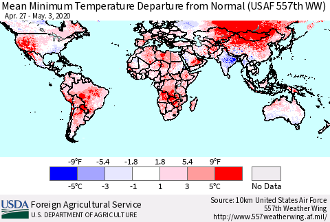 World Mean Minimum Temperature Departure from Normal (USAF 557th WW) Thematic Map For 4/27/2020 - 5/3/2020