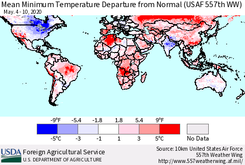 World Mean Minimum Temperature Departure from Normal (USAF 557th WW) Thematic Map For 5/4/2020 - 5/10/2020