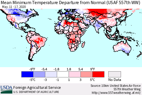 World Mean Minimum Temperature Departure from Normal (USAF 557th WW) Thematic Map For 5/11/2020 - 5/17/2020
