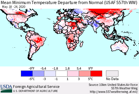 World Mean Minimum Temperature Departure from Normal (USAF 557th WW) Thematic Map For 5/18/2020 - 5/24/2020
