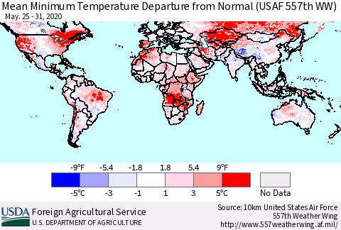 World Mean Minimum Temperature Departure from Normal (USAF 557th WW) Thematic Map For 5/25/2020 - 5/31/2020