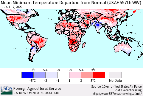 World Mean Minimum Temperature Departure from Normal (USAF 557th WW) Thematic Map For 6/1/2020 - 6/7/2020