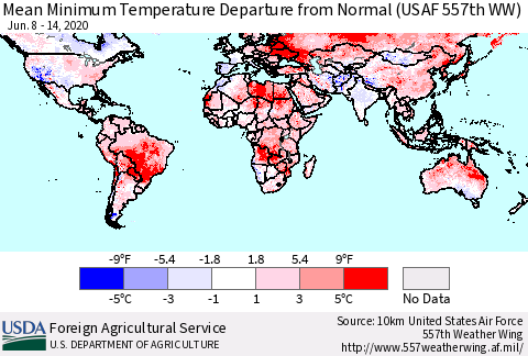 World Mean Minimum Temperature Departure from Normal (USAF 557th WW) Thematic Map For 6/8/2020 - 6/14/2020