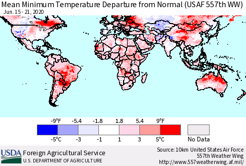 World Mean Minimum Temperature Departure from Normal (USAF 557th WW) Thematic Map For 6/15/2020 - 6/21/2020