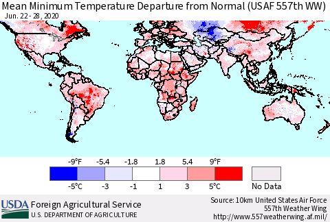 World Mean Minimum Temperature Departure from Normal (USAF 557th WW) Thematic Map For 6/22/2020 - 6/28/2020