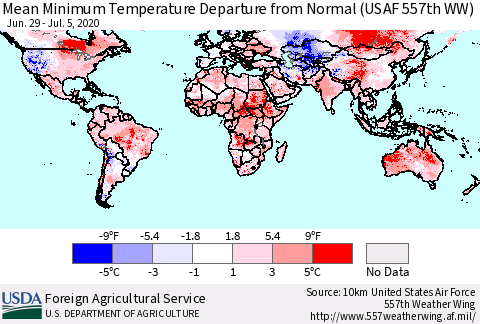 World Mean Minimum Temperature Departure from Normal (USAF 557th WW) Thematic Map For 6/29/2020 - 7/5/2020