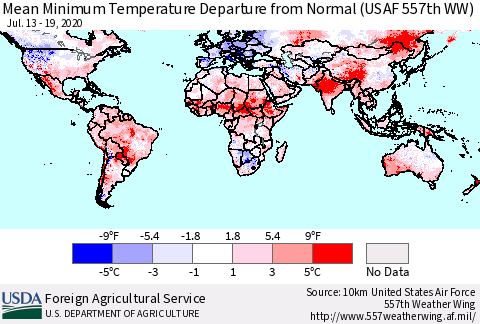 World Mean Minimum Temperature Departure from Normal (USAF 557th WW) Thematic Map For 7/13/2020 - 7/19/2020