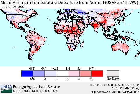 World Mean Minimum Temperature Departure from Normal (USAF 557th WW) Thematic Map For 7/20/2020 - 7/26/2020