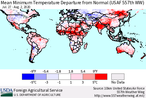 World Mean Minimum Temperature Departure from Normal (USAF 557th WW) Thematic Map For 7/27/2020 - 8/2/2020